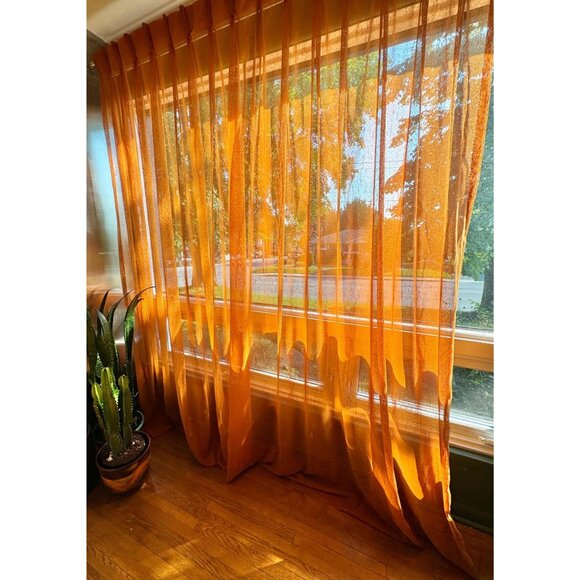Vintage 70s curtain, orange sheer drapery, pleated - Picture 2 of 9